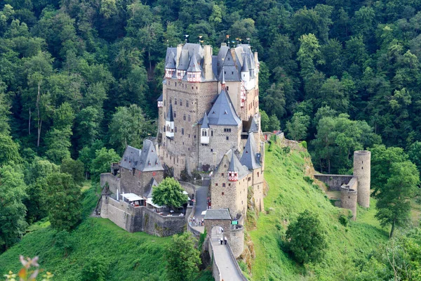 Panorome Avec Château Médiéval Eltz Dans Les Collines Dessus Moselle — Photo