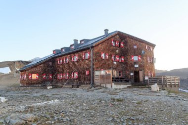 Alpine hut Oberwalderhuette on mountain Grosser Burgstall in Glockner Group, Austria