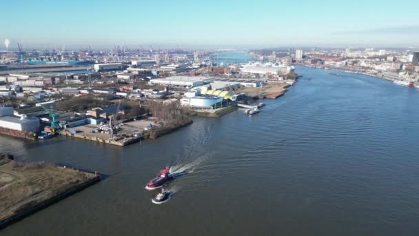 Elbe Nehri Üzerinde Hamburg Limanı Pauli Piers Skyline Michaels Kilisesi — Stok video