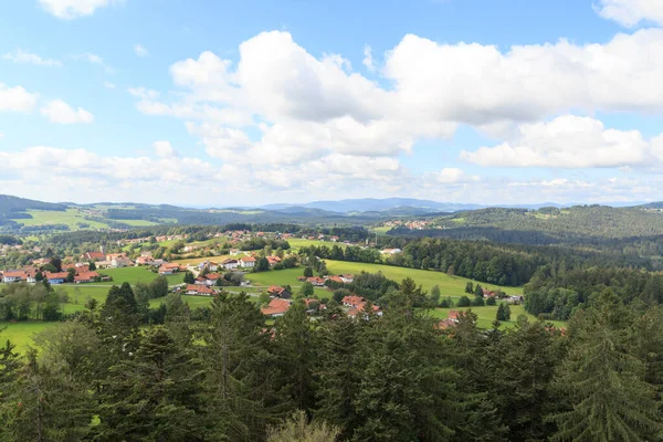 Mountain and tree panorama view with municipality Neuschoenau seen from Treetop Walk Bavarian Forest in Bavarian Forest National Park, Germany