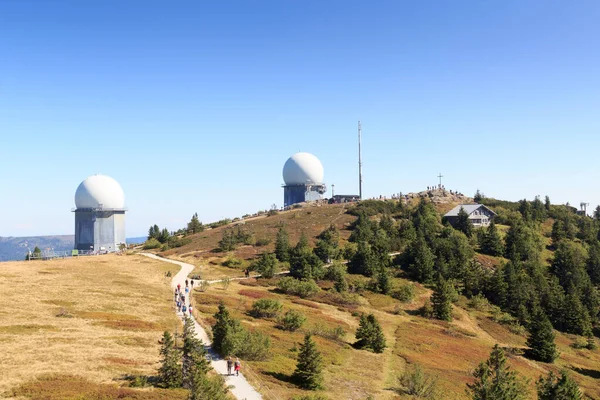 stock image Mountain Grosser Arber panorama with radar domes (radome) and summit cross and in Bavarian Forest, Germany