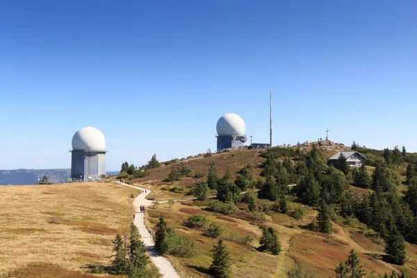 stock image Mountain Grosser Arber panorama with radar domes (radome) and summit cross and in Bavarian Forest, Germany