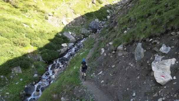 Escursionista Maschio Uomo Con Zaino Trekking Escursioni Sul Sentiero Verso — Video Stock