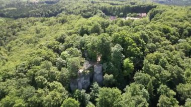 Pottenstein (Franconian İsviçre) yakınlarındaki Leienfels Kalesi ve ağaç panoraması etrafında yörünge uçuşları