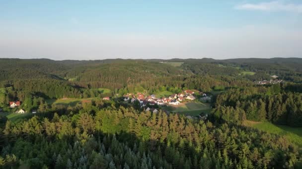 村ヘルツォグウィンの家へのフライト オベルトラバッハ とフランコニアの丘とドイツの日没に木が付いている森のパノラマビュー — ストック動画
