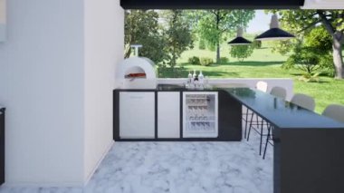 Mutfak alanına inşa edilmiş yönetici buzdolabı animasyonu pizza fırını ve bulaşık makinesi animasyonu 3 boyutlu modern mutfak.