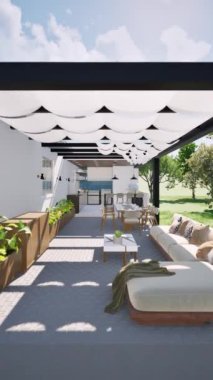 Mutfak alanı modern iç tasarımı olan konut terası dış tasarımı 3 boyutlu görselleştirme