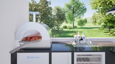 Pizza fırını ve bulaşık makinesi animasyon modern mutfak iç tasarımı
