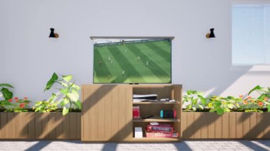 Masasında yeşil çimen ve futbol topu olan, gizli televizyon ve eğlence alanı olan çok işlevli bir mobilyanın animasyonu. 3D görüntüleme, 3D resimleme