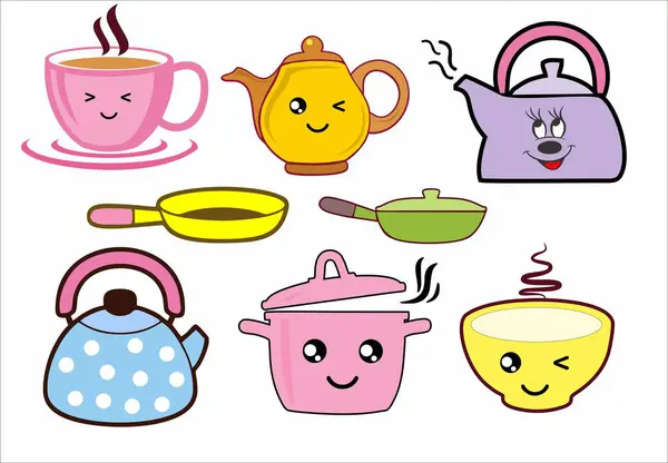 Mutfak gereçleri, tava indüksiyonu, mutfak aletleri. Vektör illüstrasyonu.