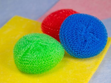 Colorful plastic scourers in a closeup