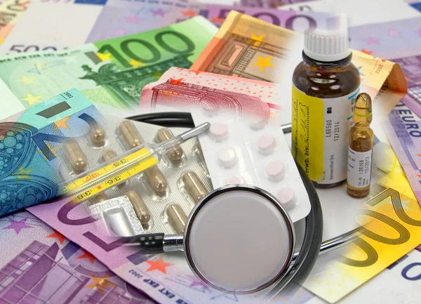 Medication and banknotes symbolic of healthcare costs