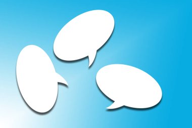 White speech bubbles against blue background, 2D illustration