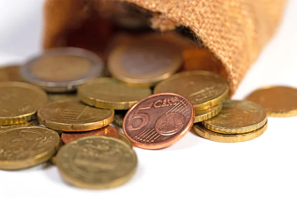 Κέρματα Ευρώ Ψιλά Σακούλα Γιούτας — Φωτογραφία Αρχείου
