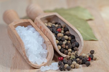 Baharat kepçelerinde tuz ve karışık biber.