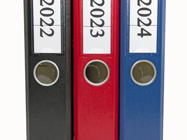 Три Різнокольорові Файлові Теки Офісних Документів 2022 2023 2024 Роки — стокове фото