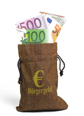 İçinde banknotlar olan bir çanta ve Buergergeld imzalı, çeviri vatandaşı parası.