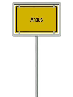 Beyaz arka planda kasaba tabelası.