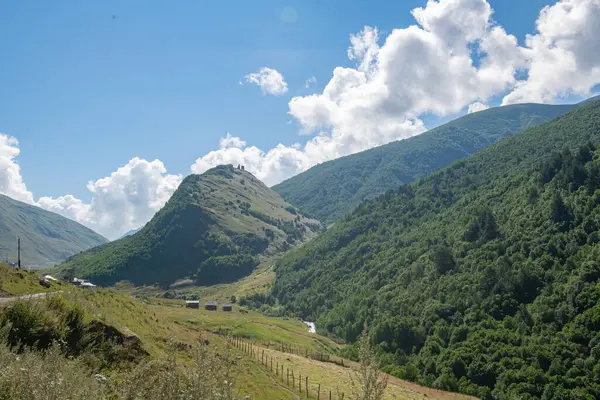 Elysian Heights: Mavi Gökler Serene Green Dağları 'nın örtüsünü açıyor. Yüksek kalite fotoğraf