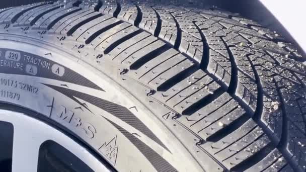 全季节轮胎上印有M S标志 从山中冬季到夏季的四季滚动 — 图库视频影像
