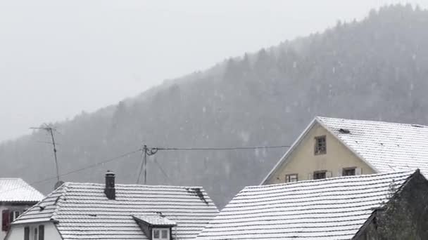 Strhující Zimní Panorama Sněhem Pokryté Střechy Věčně Zelené Siluety Uprostřed — Stock video
