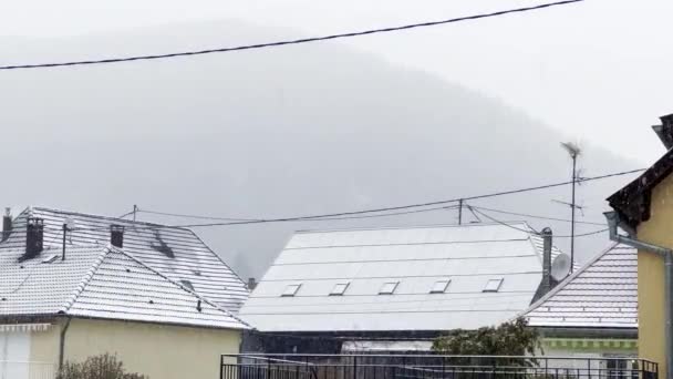 Snowy Day Suburbs View Snowflakes Falling Eclectic Rooftops Mountain Backdrop — Αρχείο Βίντεο