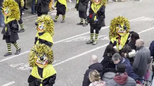 Буль Франция Февраля 2024 Года Яркий Карнавальный Парад Красочными Костюмами — стоковое видео