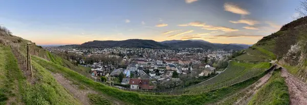 Alsace 'deki Guebwiller' ın 180 derecelik manzarası Alacakaranlık 'ta Verdant Vineyard Hills tarafından kucaklanıyor.