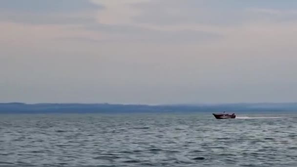 Solitary Boat Cruising Gentle Waters Swiss Lake Dusk — Stock video