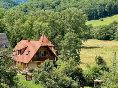 Yoğun ormanlarla çevrili yemyeşil bir vadide Kırmızı Çatılı Büyüleyici Ev