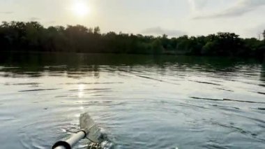 Gün batımında Sakin Göl 'de Huzurlu Gece Kürek Çekerken Su ve Orman Arkaplanındaki Güneş Işığının Yansımasıyla