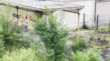 Mirecourt, Fransa - 27 Temmuz 2024: Aşırı gelişmiş ve terk edilmiş tren istasyonu, rayı ve platformları geri alan yemyeşil bitki örtüsü, bozulan binalar ve bulutlu bir gökyüzüne karşı kurulmuştur.