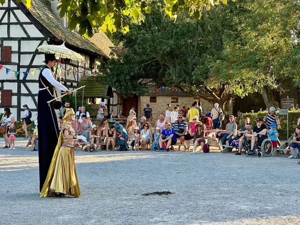 Ungersheim, Fransa - 16 Ağustos 2024: Ecomusee d 'Alsace' de düzenlenen geleneksel köy festivali performansı stilt walker ve altın cüppeli bir sanatçı açık hava parkında çeşitli yaz kalabalığını eğlendiriyor