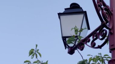 Klasik kentsel tasarım ve doğanın özünü yansıtan, açık mavi gökyüzüne karşı yeşil yapraklarla çevrili, tek bir fenerle işlenmiş demirden bir sokak lambasının yakın çekimi.