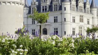 Chenonceaux, Fransa - 19 Eylül 2024: Önünde çiçek açan şato, zarif beyaz taş mimari ve güneşli bir günde Loire Valley 'de güzel bir manzara.