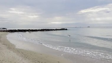 Fransa 'nın Akdeniz kenarı sakin bir sabahında, yumuşak dalgalar, martılar ve sakin bulutlu gökyüzü ile Palavas-les-Flots' taki sakin kumlu plajda
