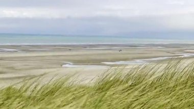 Huzurlu Authie Körfezi kıyı manzarası ön planda altın kum çimleri, geniş kumlu plajlar, gelgit havuzları, ve sakin bir deniz kenarında yürüyen yalnız bir figür Fort-Mahon yakınlarında parçalı bulutlu bir gökyüzü altında