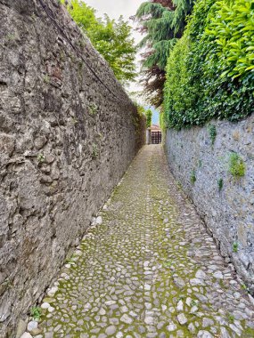 Lenno ve Ossuccio, İtalya 'da eski taş sokaklar, kaldırımlı yollar, kırsal duvarlar, zeytin ağaçları ve yemyeşil alanlar, büyüleyici bir göl köyünde huzurlu bir atmosfer sunuyor.