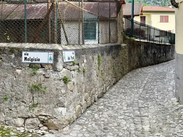 Lenno, İtalya - 3 Mayıs 2025: Lenno Ossuccio 'da taş ara yol, Molgisio üzerinden ve eski duvarlar, kırsal eskrim ve geleneksel köy cazibesi ile dei Poeti aracılığıyla huzurlu bir ortamda gösteriliyor