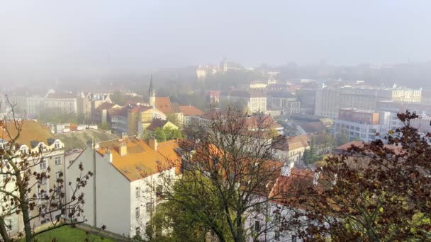 チェコ共和国10月に霧と太陽の光の中で屋根 木々の多くと プラハの旧市街の街の風景をご覧ください 高品質4K映像 — ストック動画