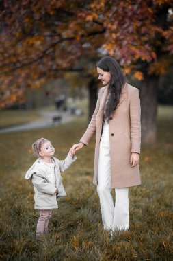 Annesiyle parkta gezen şık küçük bir kız. Kızıyla birlikte güzel bir kız sonbahar parkında yürüyor. Sonbahar parkında çocuklu mutlu bir anne oynuyor. Mutlu annelikler. Yüksek kalite fotoğraf