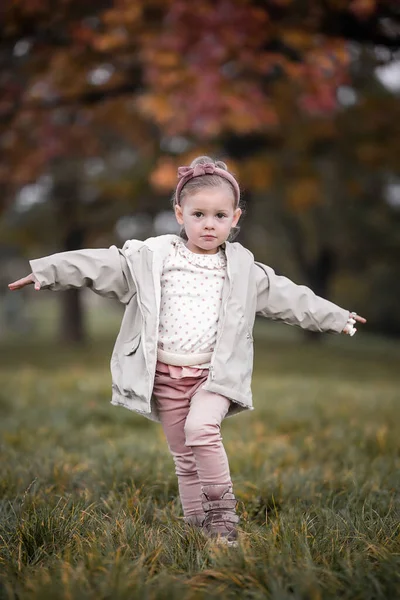 Boldog Kislány Játszik Ősszel Természet Séta Szabadban Cseh Köztársaság Kiváló — Stock Fotó