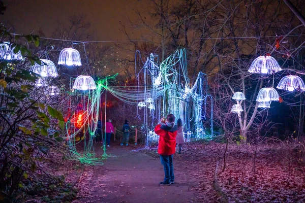 Prag, Çek Cumhuriyeti - 9 Kasım 2022: İnsanlar Çek Cumhuriyeti 'nin Prag kentinde Alice ile birlikte Lumina Park' ta yürüyorlar. Yüksek kalite fotoğraf