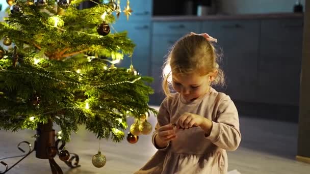 Seorang Gadis Kecil Yang Lucu Menggantung Bola Pohon Natal Rumah — Stok Video