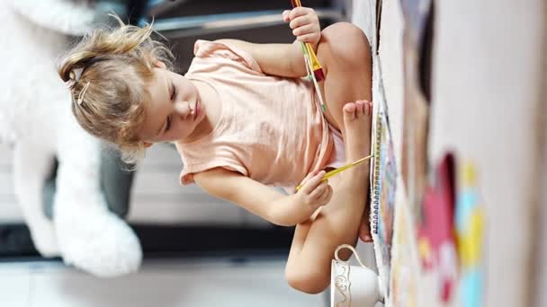 Little Girl Sits Floor Home Draws Paints Brushes Coloring Book — Vídeos de Stock