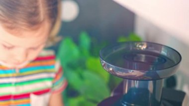 Little girl making fresh juice on the table in home kitchen. Focus on juicer. High quality 4k footage