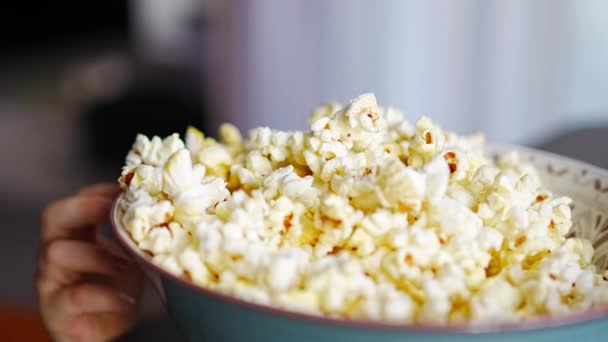 Little Girl Eating Popcorn Home Kitchen Focus Hand Taking Popcorn — Stock videók