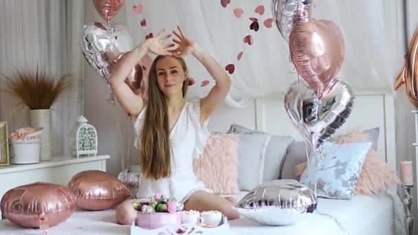 Beautiful Young Girl Home Bed Morning Enjoy Valentines Day Celebration — Video Stock