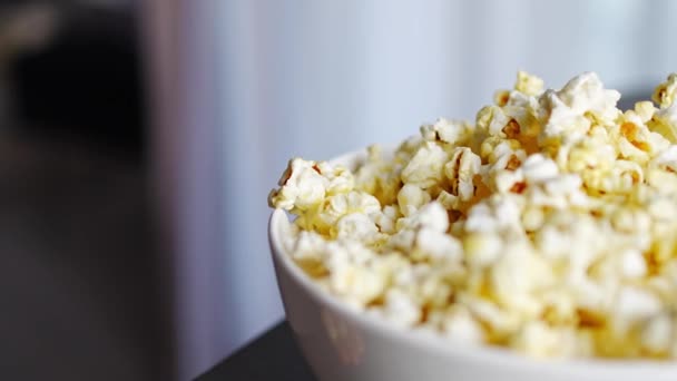 Little Girl Eating Popcorn Home Kitchen Focus Hand Taking Popcorn — Stock Video