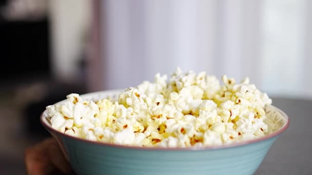 Little Girl Eating Popcorn Home Kitchen Focus Hand Taking Popcorn — Stock Video